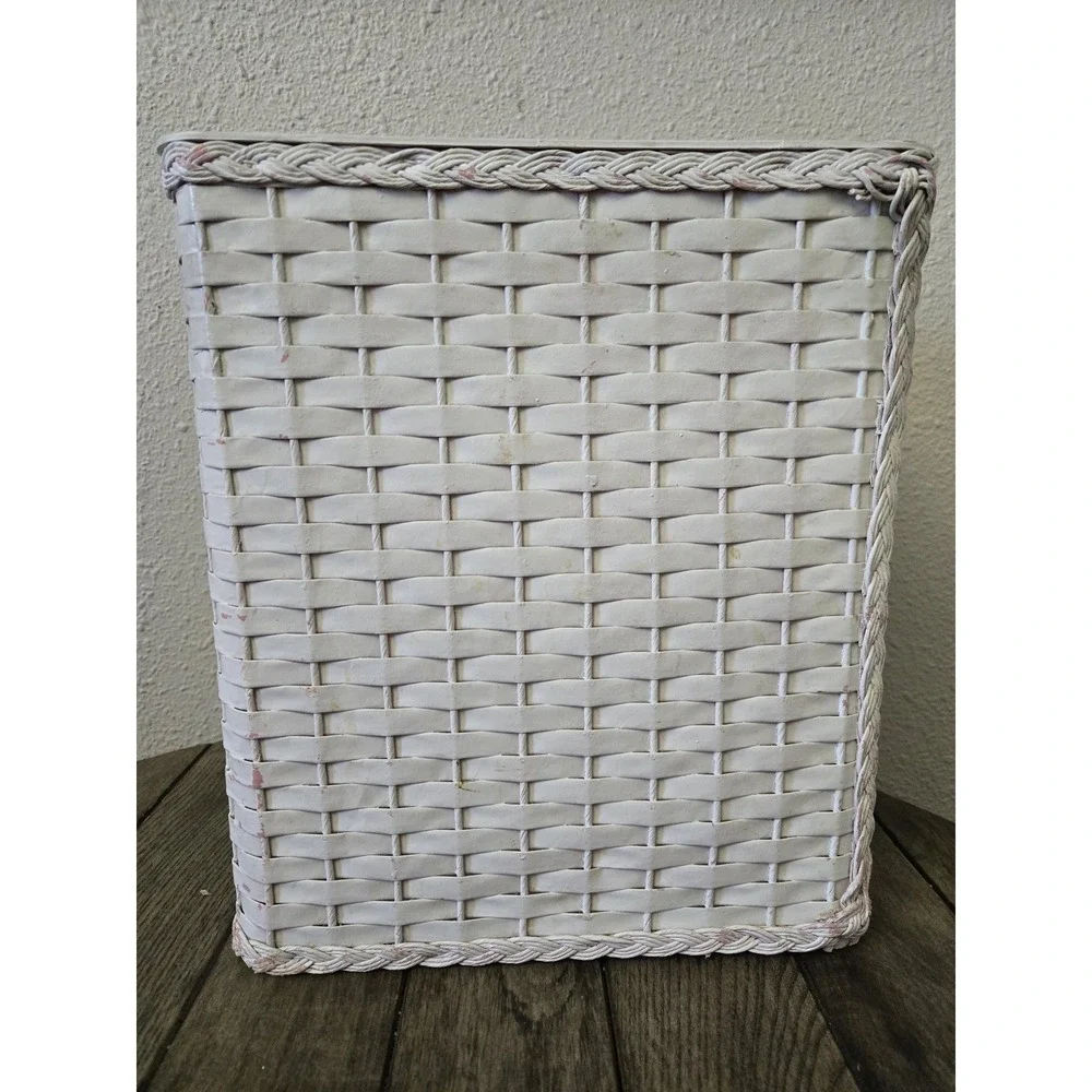 Vintage White Woven Wicker Trash Can Wastebasket Rectangle Shabby Chic MCM READ